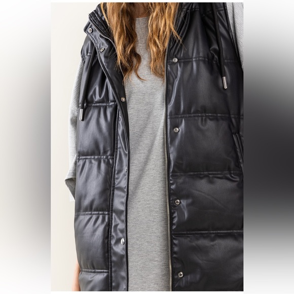Faux Leather Hoodie Puffer Long Vest Jacket - Picture 6 of 6